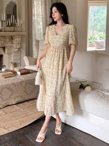 Dazy Designer Women's Floral Print Bubble Sleeve Design A-Line Dress Sundress Vacation Outfits Women - Yellow - View 6