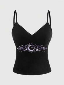 ROMWE Hippie Women's Star Embroidery Spaghetti Strap Tank Top - Black - View 1