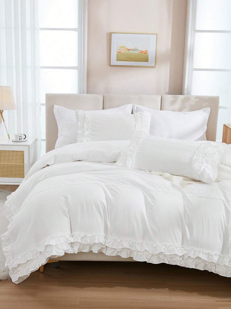 3入組雙層褶邊聚酯纖維被套,含1條蕾絲邊床裙 - 白色 - 查看 1