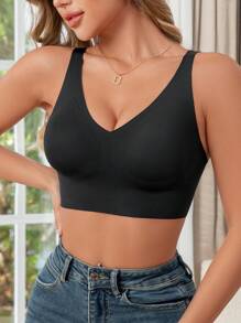 Women's Solid Color Comfortable Backless Bra With Removable Pads, Low Support & Seamless - Black - View 4