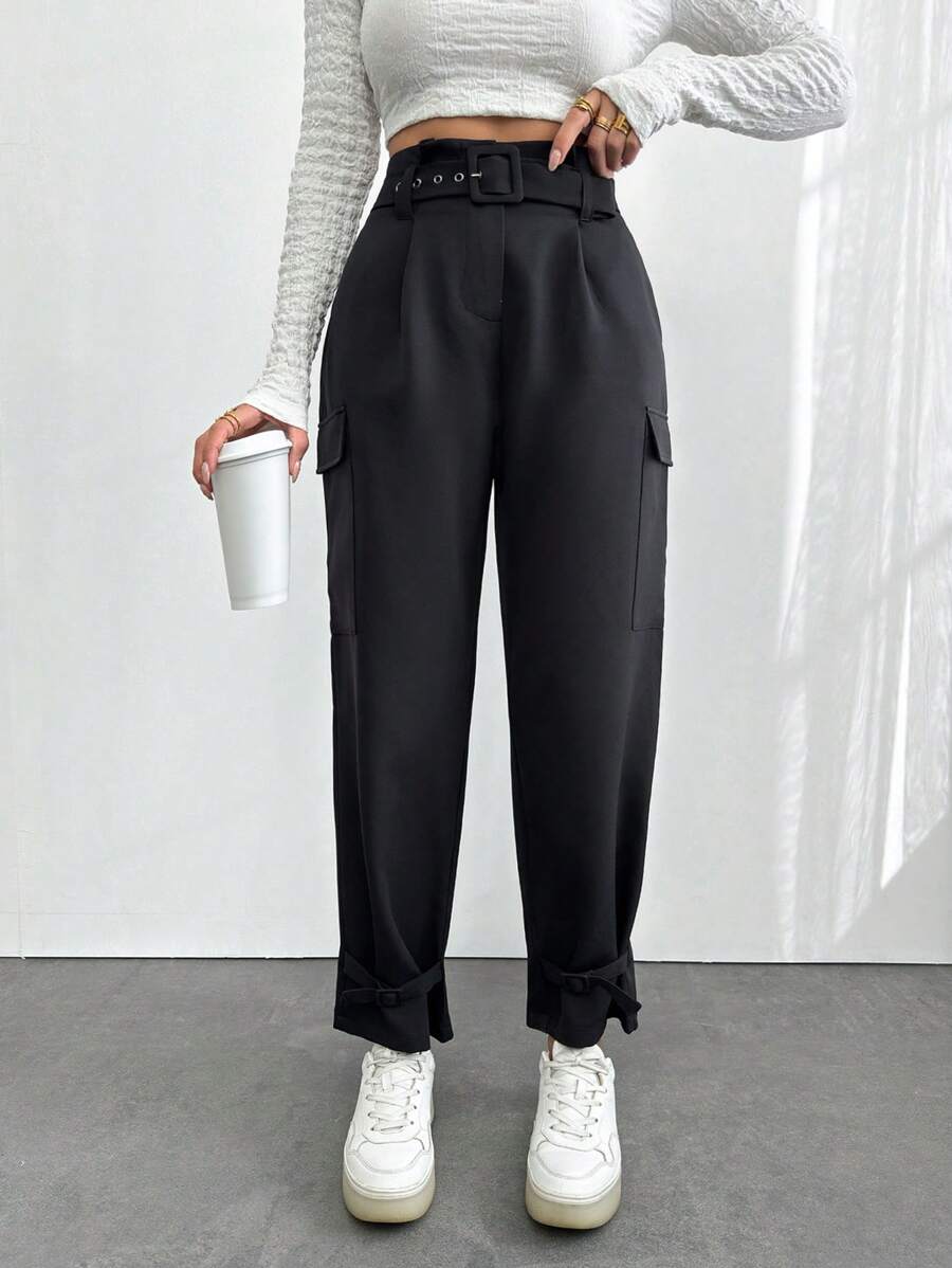 RueChic Belt Detailed Cargo Pants - Black - View 1