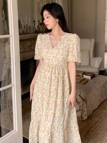 Dazy Designer Women's Floral Print Bubble Sleeve Design A-Line Dress Sundress Vacation Outfits Women - Yellow - View 4