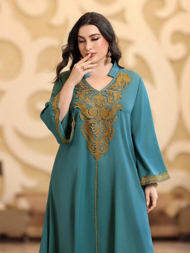 Plus Size Embroidery Patchwork Notched Collar Dress Kaftan Jalabiya Dress