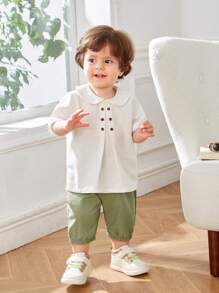SHEIN Leap Crew Baby Boy Peter Pan Collar Decorative Button Sweatshirt And Solid Color Shorts Set - Mint Green - View 3