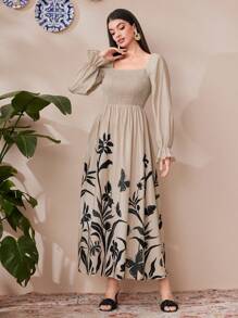 Mulvari Women's Plant Printed Shirred Top Half Sleeve Dress - Khaki - View 4