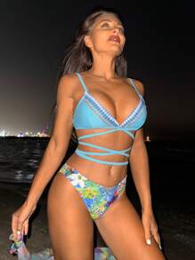 SHEIN Swim 女士热带植物印花比基尼套装夏季海滩 - 彩色 - 查看 3
