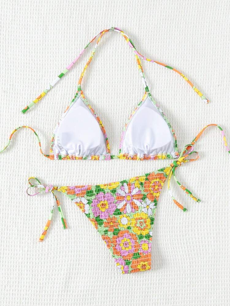 Summer Beach Women's Floral Print Halter Neck Tie Bikini Set