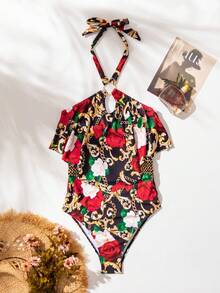 Bộ đồ bơi một mảnh in họa tiết ngẫu nhiên có viền bèo nhún và dây buộc, dành cho kỳ nghỉ hè ở bãi biển - Nhiều màu - Xem 3