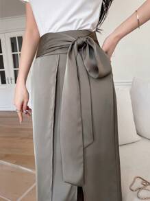 DAZY Women's Satin Skirt With Front Slit Fall Skirts - Green - View 6