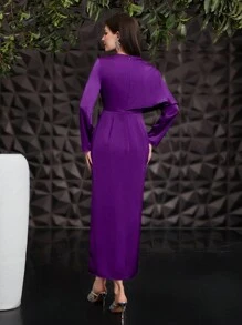 Modelyn 女式不對稱長袖束帶阿拉伯風格連身裙 - 紫色 - 查看 2