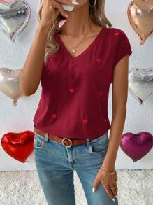 SHEIN LUNE Valentine's Day Heart Embroidery V-Neck T-Shirt - Burgundy - View 1