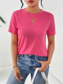 SHEIN Essnce Của phụ nữ Cơ bản Áo sơ mi Áo thun - Màu Hồng Tươi - Xem 3