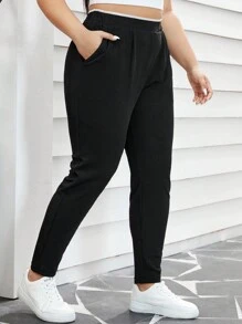SHEIN Essnce Plus Size High-Waist Slanted Pocket Pants - Black - View 4