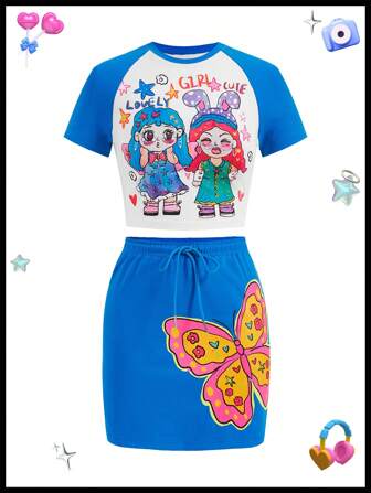 SHEINNeu Dopamin Tecknat Grafiskt Tryck Blå Uppsättningar