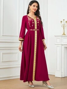 Gewebtes Kleid für Frauen mit Perlenbestickter Patchwork-Gürtel - Rot - Übersicht 5