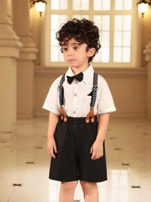 Boys' White Short Sleeve Shirt And Black Shorts Suit, Fashionable And Suitable For Birthday Parties, Evening Parties, Performances, Weddings, Etc, Summer - White - View 3