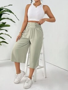 SHEIN Essnce Của phụ nữ Xếp li & Xoắn Dan Thiết kế Màu xanh lá Đàn hồi Cao eo Capri quần - màu xanh lá - Xem 5