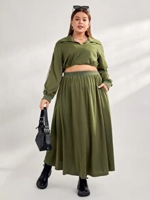 SHEIN Essnce Abito Casual A Due Pezzi Per Donna Di Taglia Grande, Con Top A Righe A Blocchi Di Colore E Gonna Di Colore Solido