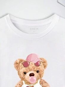 SHEIN Slayr Của phụ nữ Hình con gấu hoạt hình Ngắn tay Áo thun - trắng - Xem 5