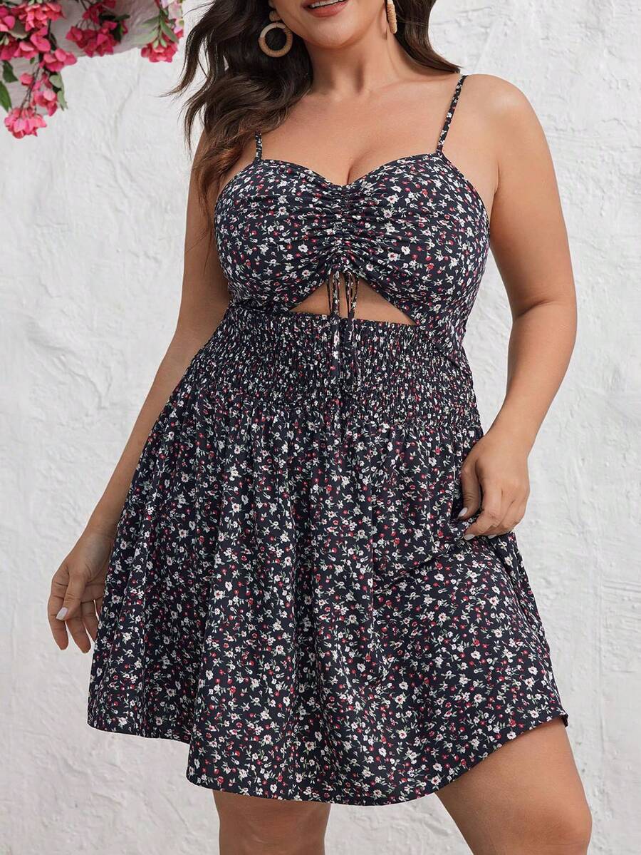 SHEIN VCAY Kích thước lớn In hoa Dây đeo Mì Ý Đầm Với Vibes kỳ nghỉ - Nhiều màu - Xem 1