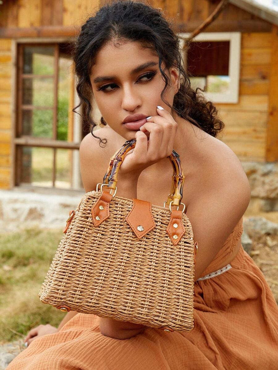 SHEIN VCAY Bolso de paja tejido de color camel para mujer con mango similar a bambú - Camel - Ver 1
