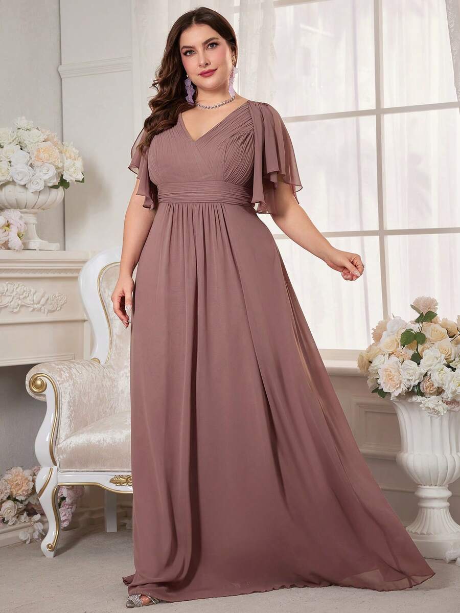 Spaghetti Strap Pressed Ruched Waist Chiffon Bridesmaid Dress - Dusty Pink - View 1
