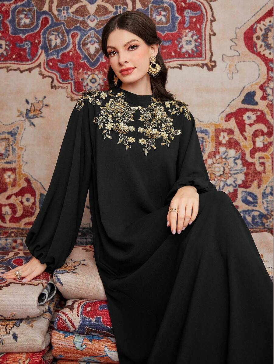 Al Najma Embroidered Lantern Sleeve Dress With Patchwork - Black - View 1