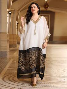 Al Najma 大碼彩塊刺繡拼接蝙蝠袖連衣裙