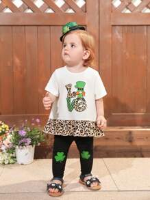 SHEIN Baby Girl Leopard Patchwork Short Sleeve Top With Ruffle Trim And Tight Pants Casual Outfit - White - View 4