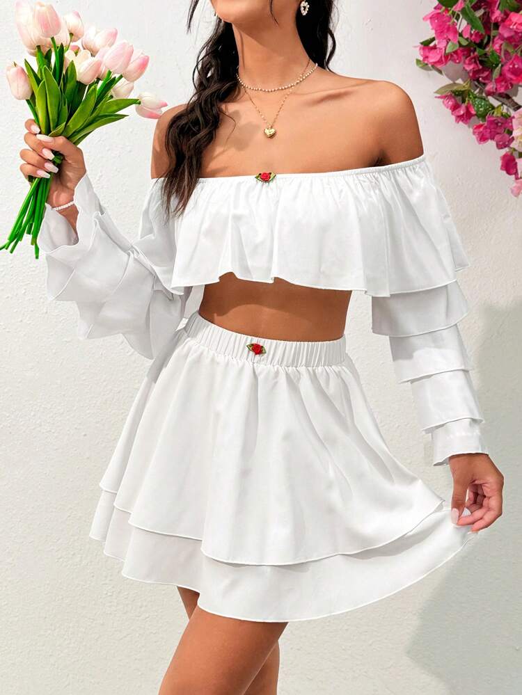 Two Piece Set Including A Short Off Shoulder Top With 3d Decoration And A Skirt