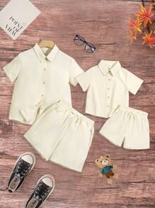 Ensemble Chemise À Manches Courtes Unie Et Short Pour Les Filles Intermédiaires - Nude - Voir 3