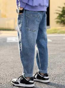 Tween Boy 休闲水洗字母印花牛仔裤 - 淺色水洗藍 - 查看 4