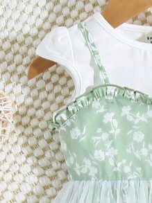 SHEIN Robe décontractée et douce pour bébé fille avec Top à manches courtes de couleur unie et robe à contraste en maille florale - Blanc - Voir 6