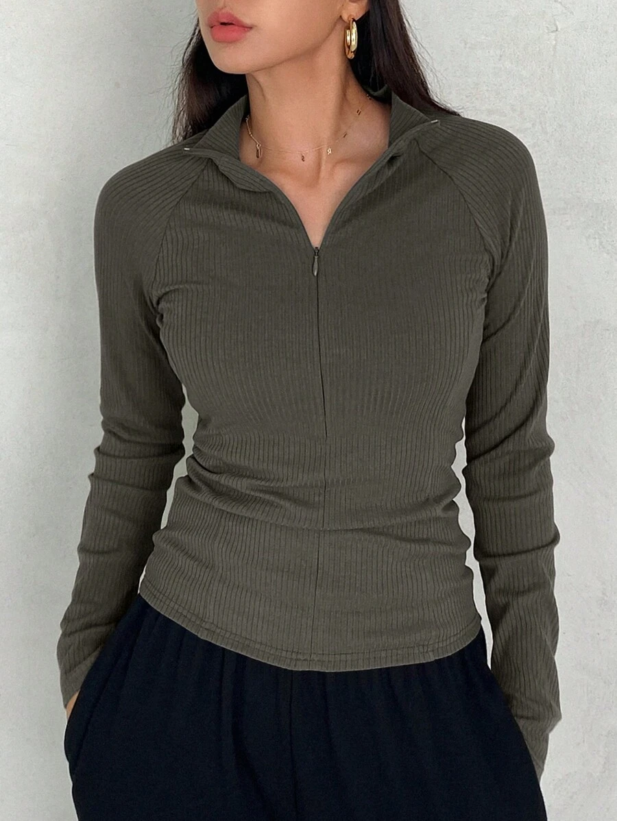 DAZY 纯色罗纹针织插肩袖前拉链T恤长袖女式上衣 - 綠色 - 查看 1