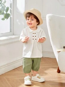 SHEIN Leap Crew Baby Boy Peter Pan Collar Decorative Button Sweatshirt And Solid Color Shorts Set - Mint Green - View 1