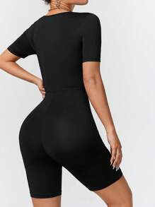 SHEIN EZwear 黑色方领短袖短款连体裤，适合夏季女士修身紧身连体裤 - 黑色 - 查看 2