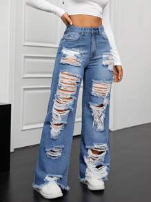 SHEIN ICON 仿舊破洞直筒牛仔褲 - 中等水洗藍 - 查看 4