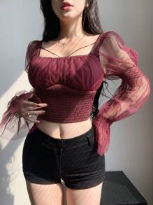 DAZY 女式方領網狀長袖襯衫 - 紅色 - 查看 6