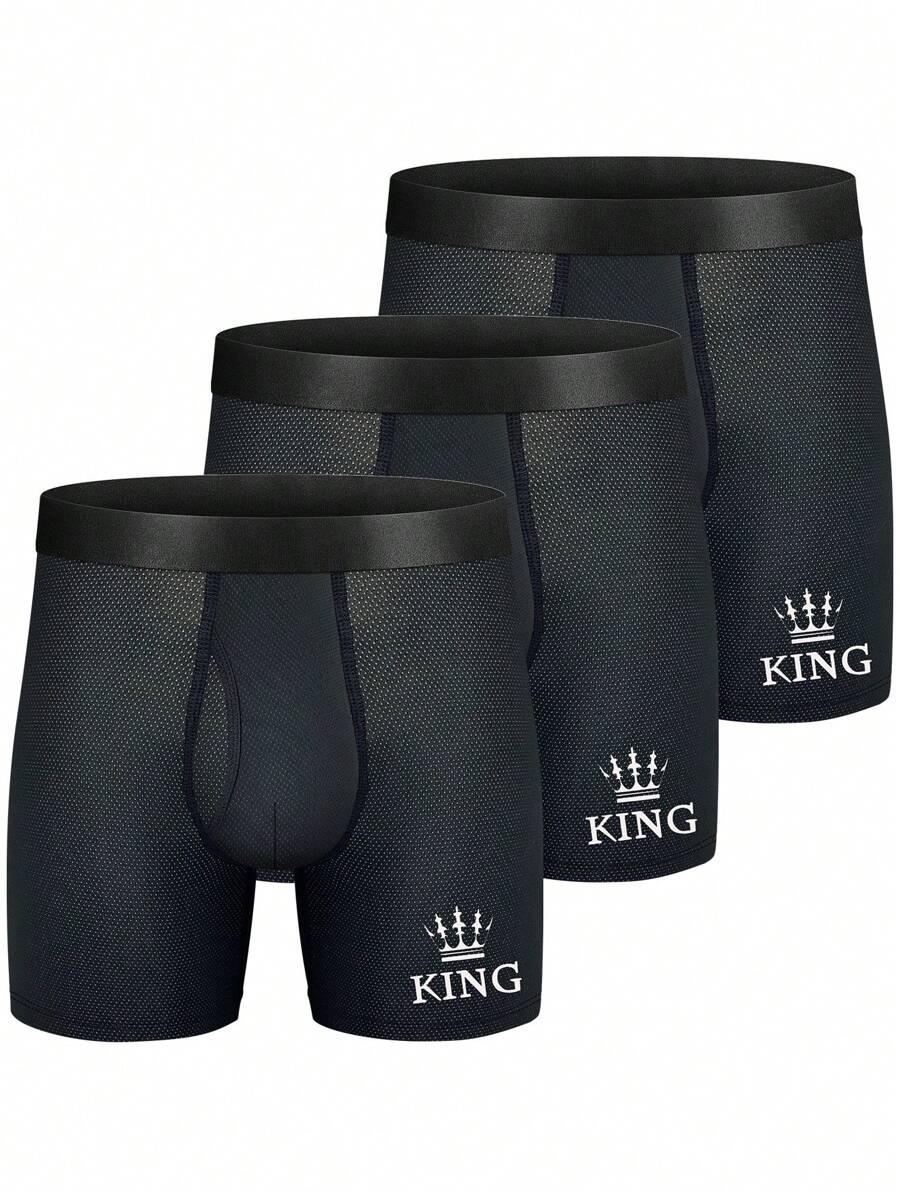 3pcs/Set Men's Letter & Crown Printed Boxer Briefs - Black - View 1