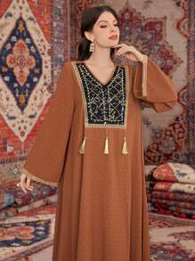 Al Najma Ladies' Arabesque Embroidery Fringed Decorated Dress - Dusty Pink - View 5