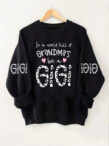 Plus Size Thermal Lined Sweatshirt With Slogan Print - Black - View 1