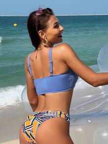 SHEIN Swim Summer Women'S Chain Decorated Tie Front Top And Striped High Cut Triangle Bikini Set Carnival