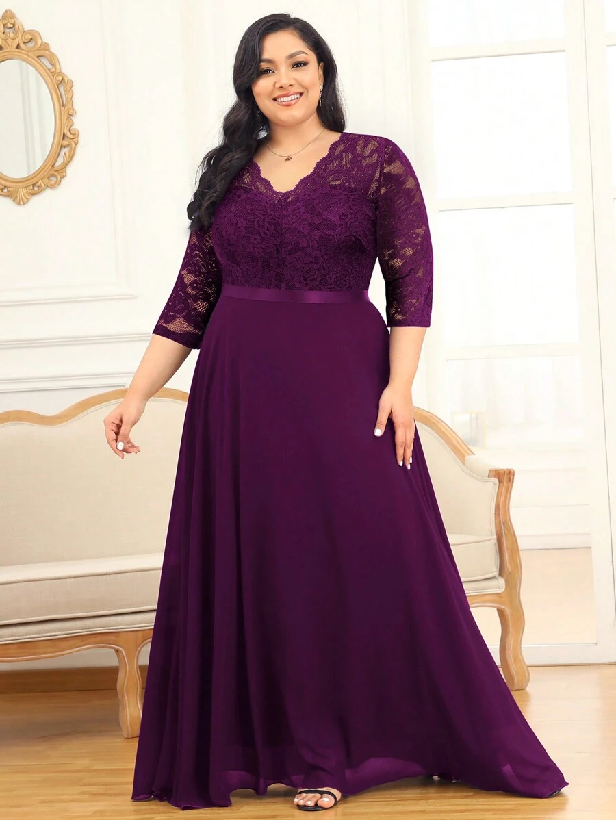 大碼蕾絲拼接後拉鏈連衣裙 - 紫紅色 - 查看 1