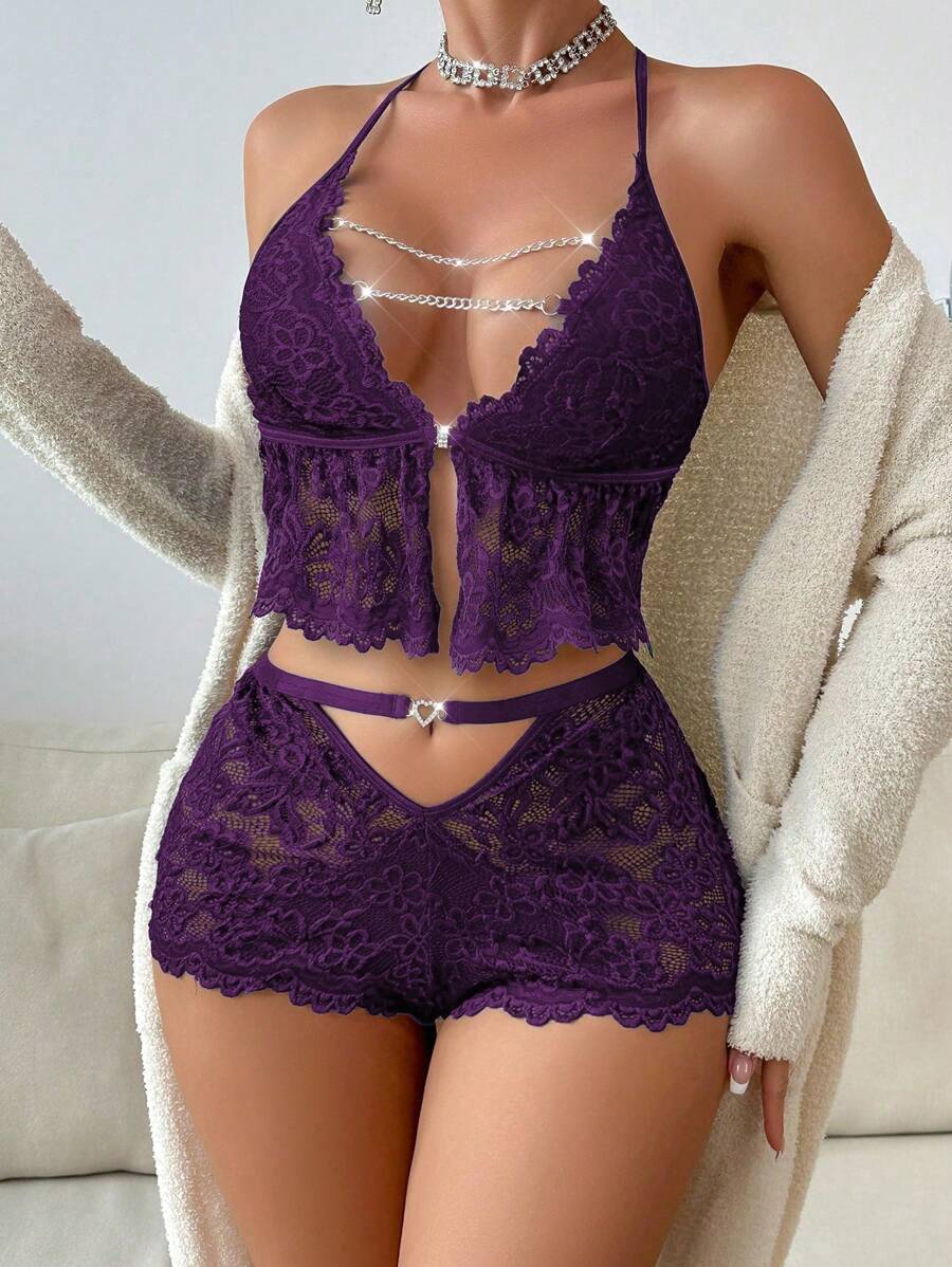 ZzzCrew Women's Lace Sleepwear Set With Chain Decoration And Sheer Detail