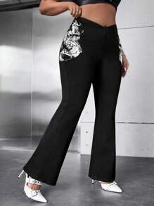 SHEIN ICON Denim ukuran plus Zip Hewan - Hitam - View 5