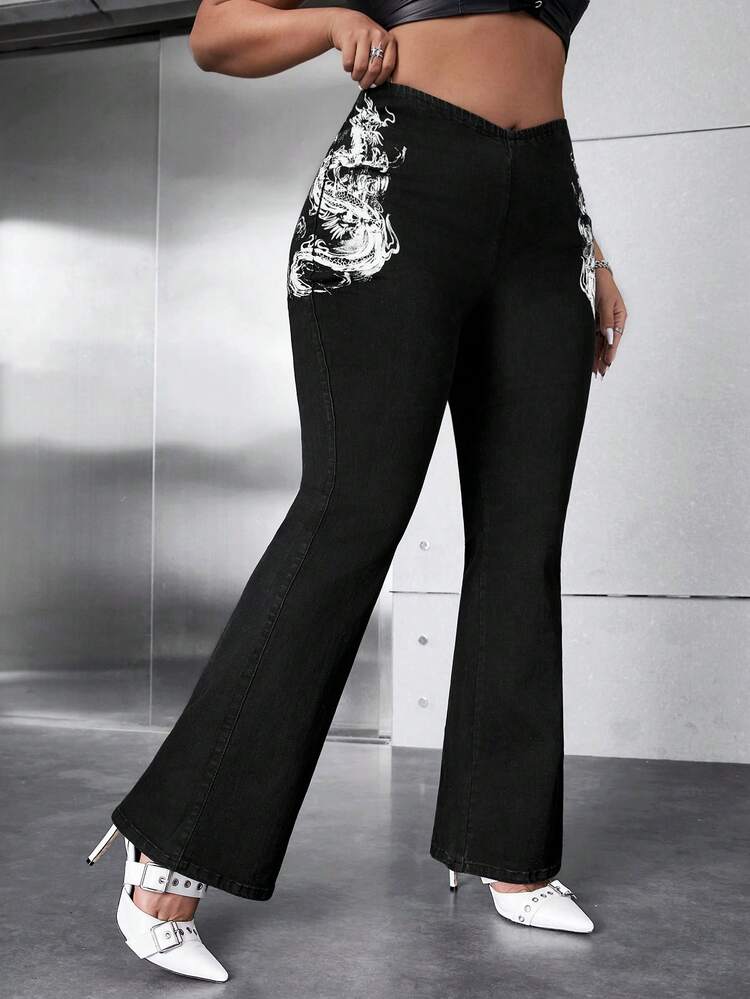 Plus Size Street Style High Stretch Low Waist Dragon Print Flared Jeans