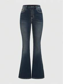 ROMWE Grunge Punk Quần Jeans Ống Loe Họa Tiết Ngôi Sao Mặt Trăng Cổ Điển Y2k, Trang Trí Đính Đá, Dành Cho Trường Học - Màu xanh hải quân - Xem 2
