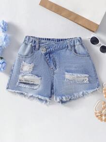 Tween Girls' Ripped Denim Shorts - Medium Wash - View 1