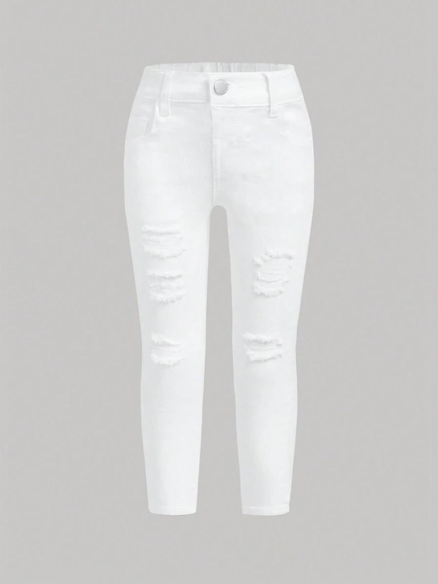 SHEIN Jeans Rasgados De Color Sólido Para Niñas Jóvenes