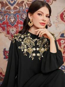 Al Najma Embroidered Lantern Sleeve Dress With Patchwork - Black - View 7